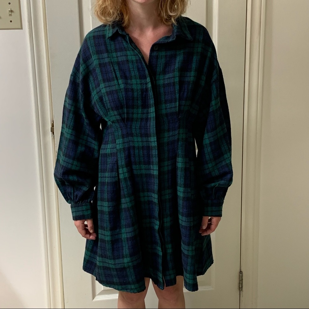 🌷3 for $25🌷SHEIN, US L, Blue & Green Plaid Puff Sleeve Flannel Shirt Dress